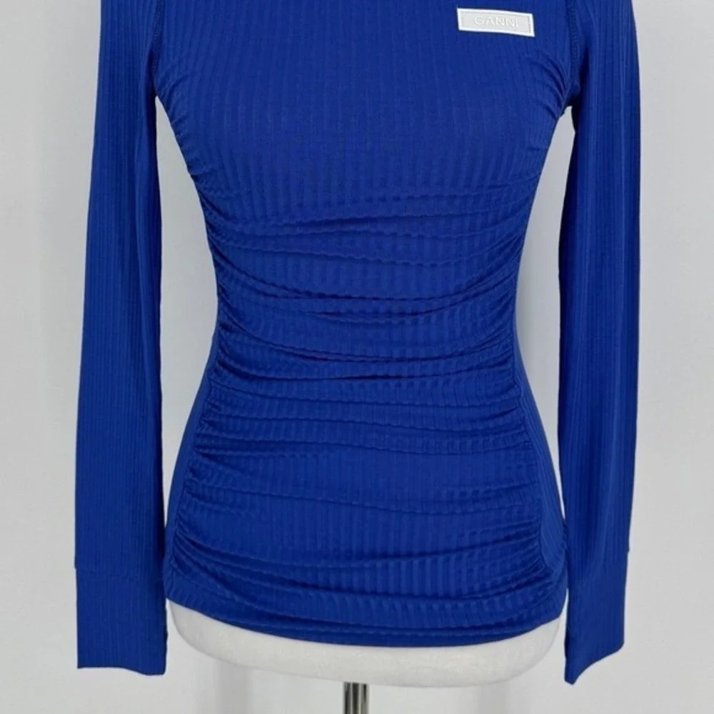 GANNI Ribbed Knit Two Piece Set Size Small Blue‎ Turtleneck Top Stirrup Leggings